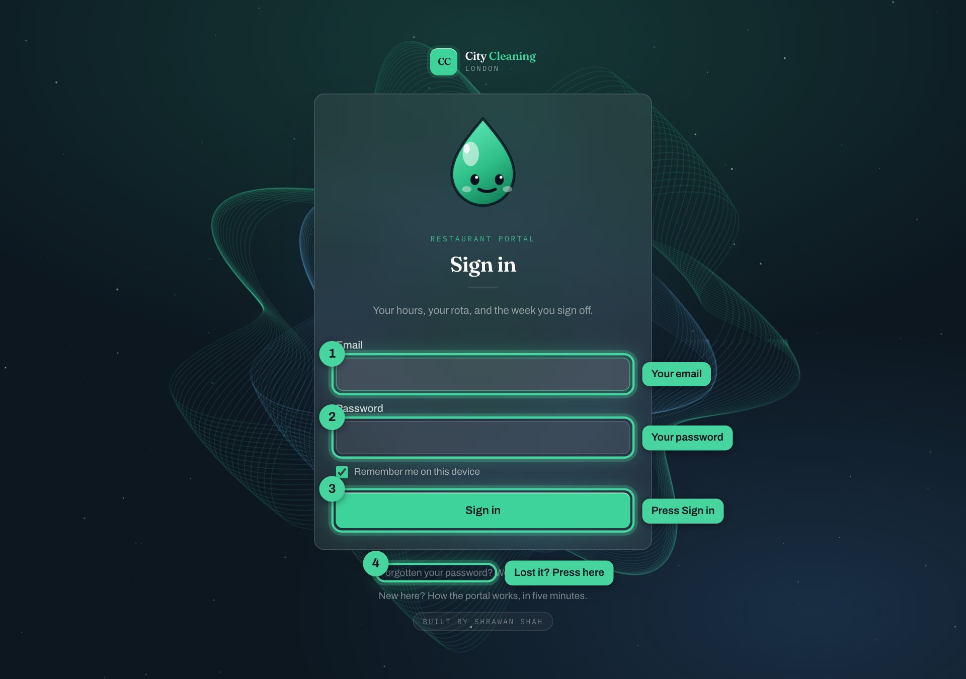 Sign-in page with the email box, password box and Sign in button numbered