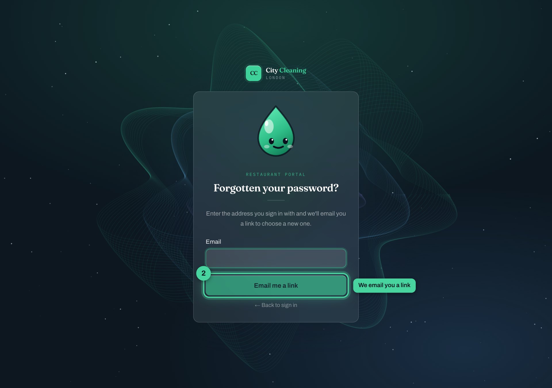 The reset page: type your email and press the button