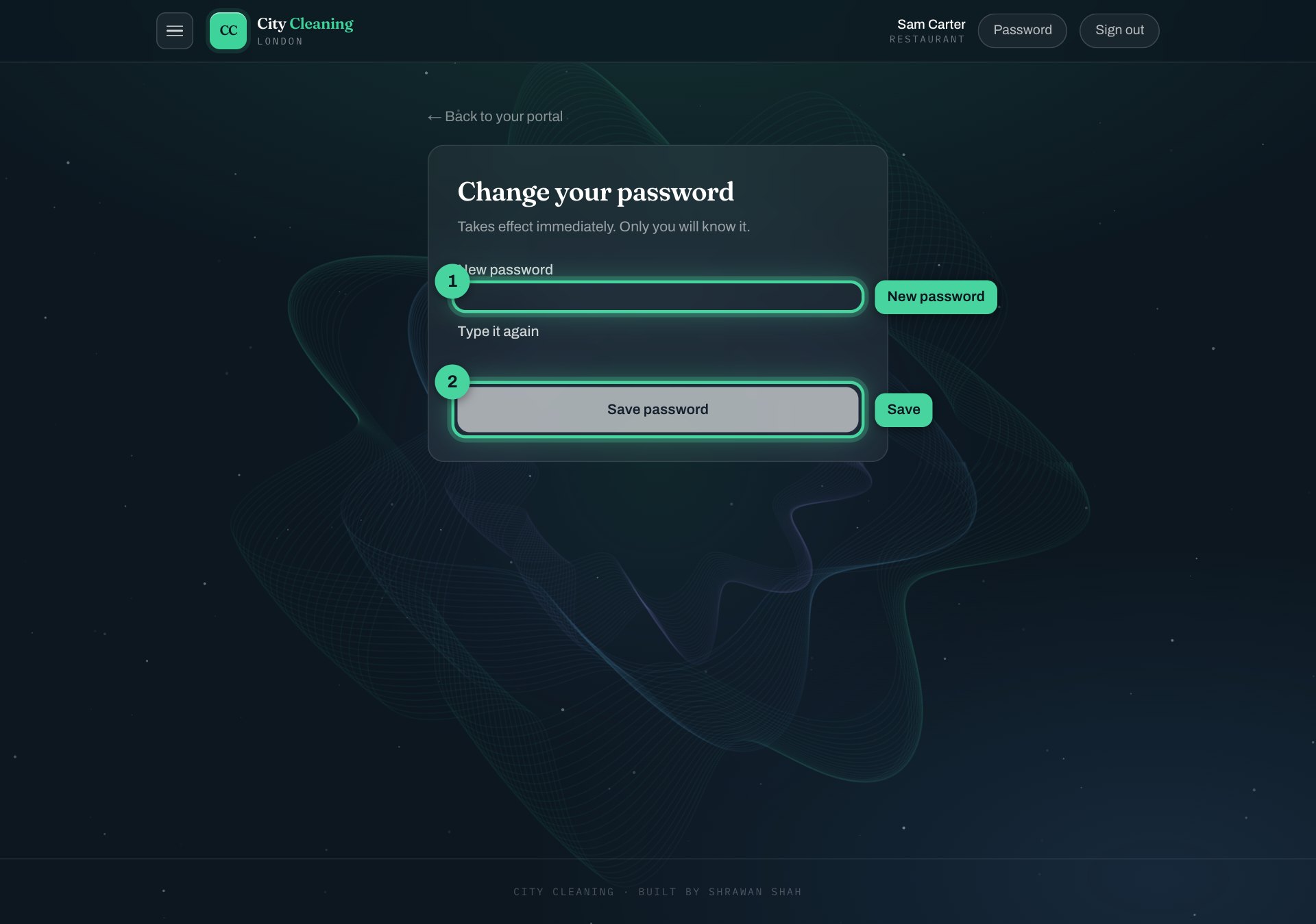 The change password page